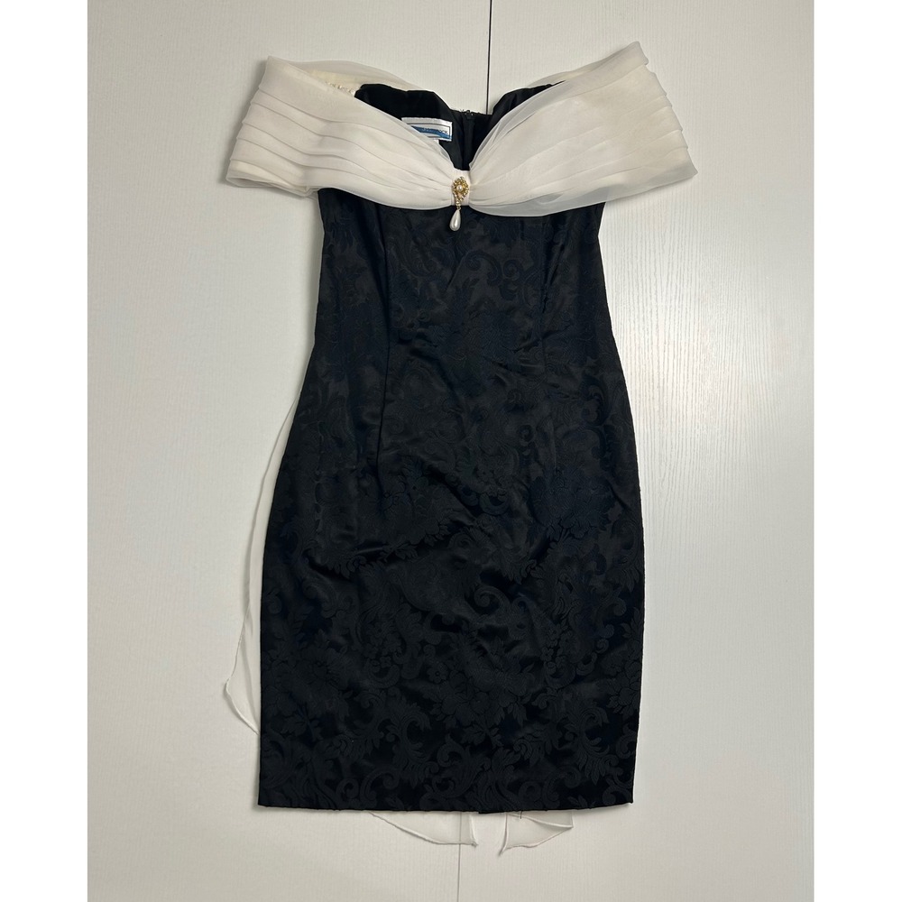Scott McClintock Vintage Black Jacquard Mini Dress Off Shoulder White Bow Sz 8